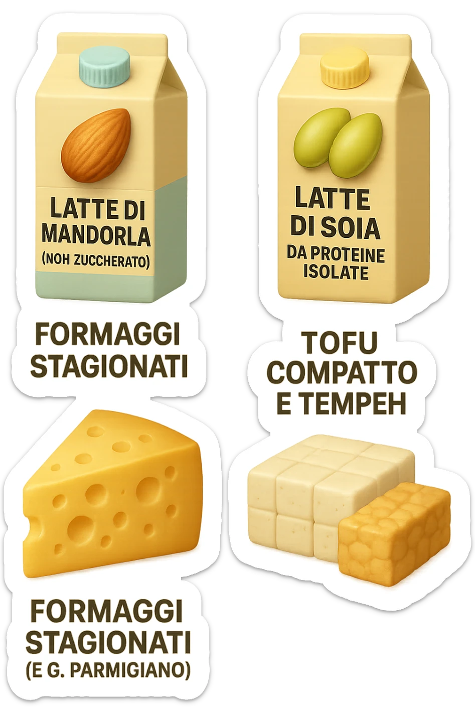 emoji stile iphone 3d di Latte e yogurt delattosati in italiano
Latte di mandorla (non zuccherato)
Latte di soia da proteine isolate
Formaggi stagionati (es. parmigiano)
Tofu compatto e tempeh
 che fluttuano in aria, iperealistico 4k sticker