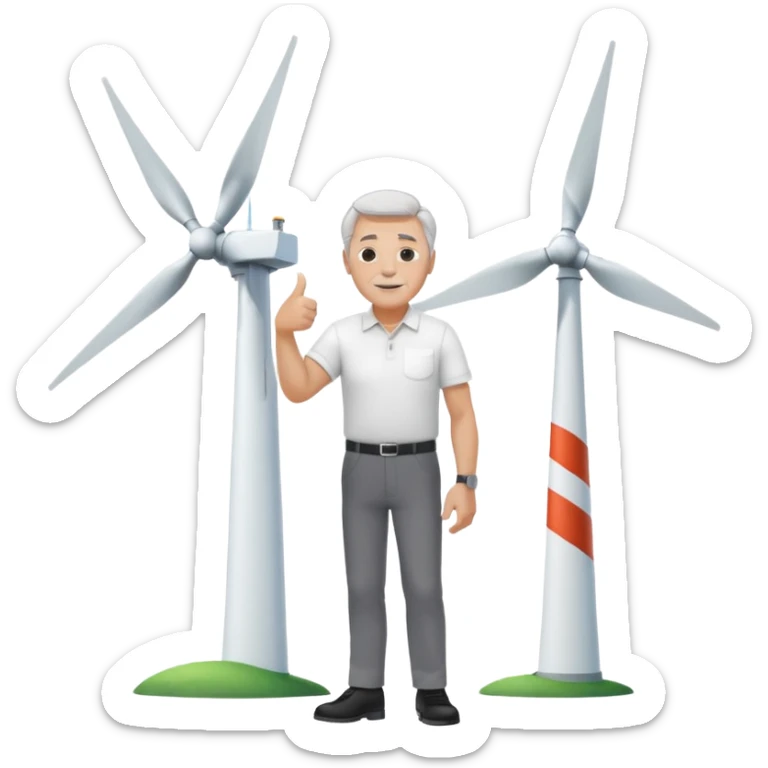 an older white man with grey hair and a white shirt and black pants doing a thumbs up pose, standing next to a silver wind turbine sticker