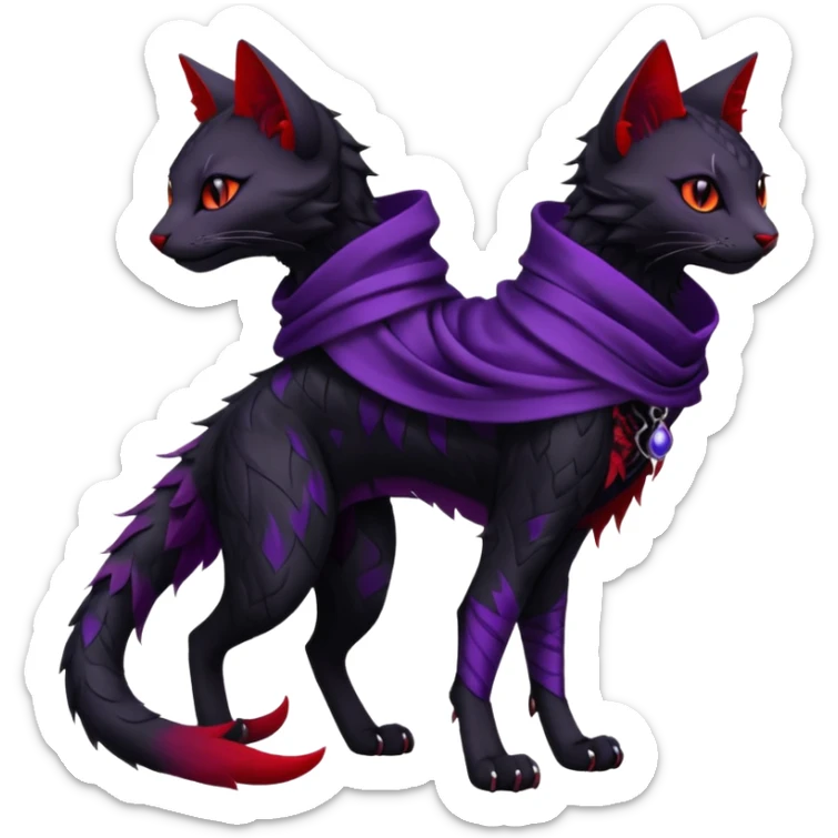 Kawaii feral, four-legged gothic dark badass black, red, purple, beautiful pretty elegant divine edgy feline-vernid-sergal-Trico-fursona-animal-creature, full body, with intricate detailed markings, silken shawl sticker