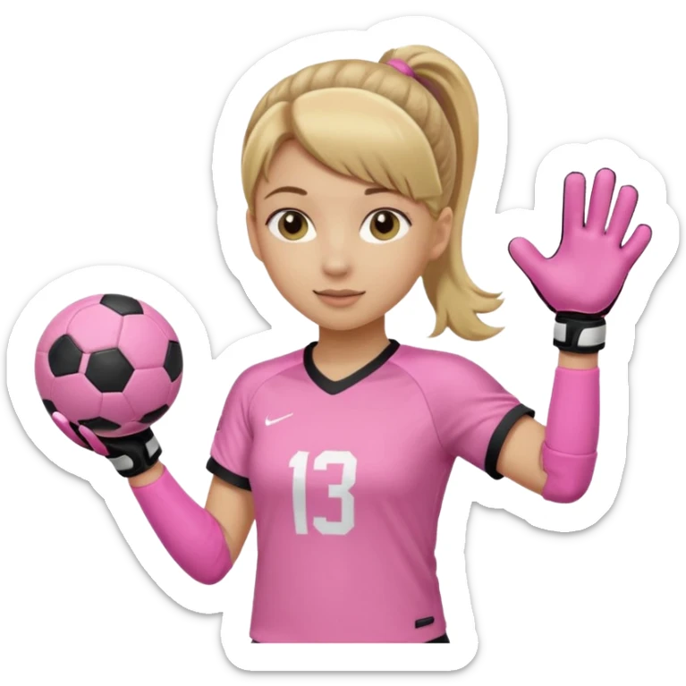 Make a dirty blonde football goalkeeper with goalkeeper gloves on holding a regular football. NOT AN AMERICAN FOOTBALK BALL. The girl is light skinned and wearing a light pink football. Wearing a ponytail with the dirty blonde. Make it without the whole body sticker