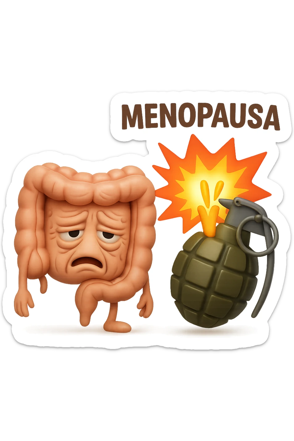 EMOJI STILE IPHONE DI INTESTINO ANZIANO CON RUGHE SFINITO, ACCANTO A LUI SCOPPIA UNA GRANATA 3D CON LA SCRITTA "MENOPAUSA" SOPRA sticker