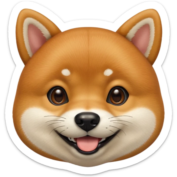 Head of a Shiba Inu dog in Apple emoji style, orange-brown fur with white muzzle and cheeks, round face, big black eyes, perky ears, grinning with closed mouth, no tongue, front-facing, glossy texture, soft shadows
 sticker