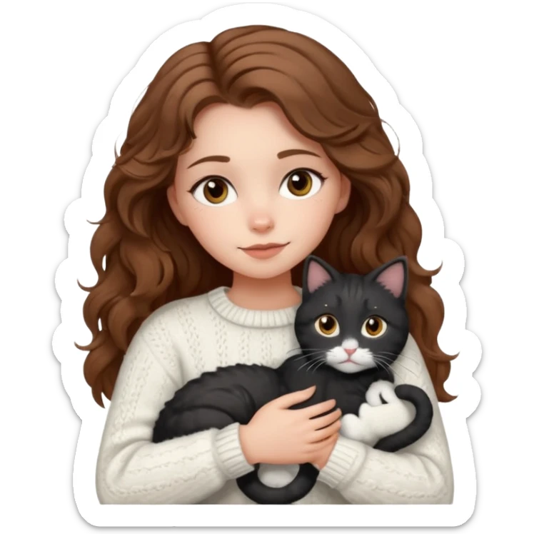 A pretty white girl with hazel brown eyes and brown wavy hair in a cosy white knit sweater, hugging a black and white cat sticker