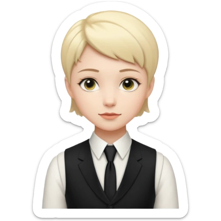 pale girl who has very short hair, formal wear with black tie and a vest sticker