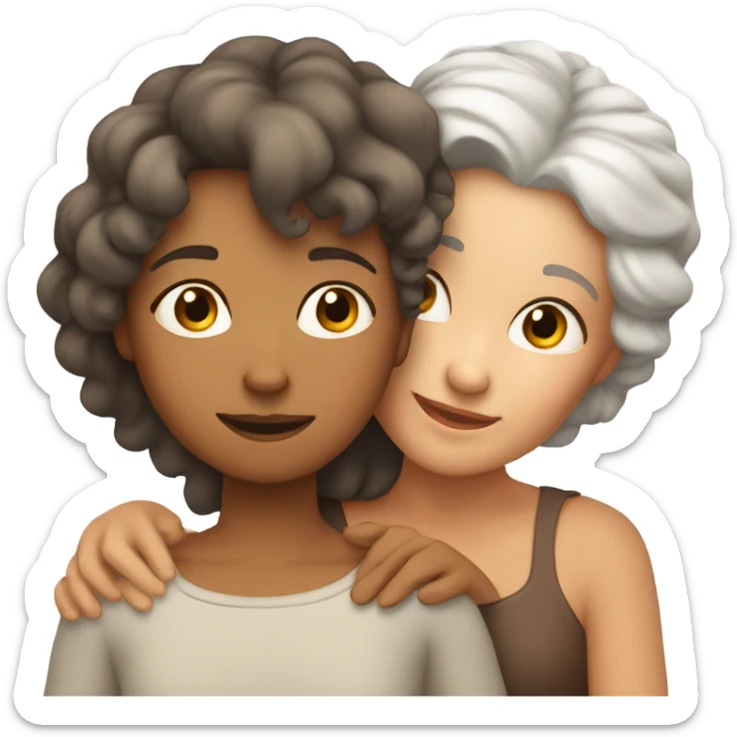 Short Mum with white hair and tanned daughter with brown curly hair hugging sticker