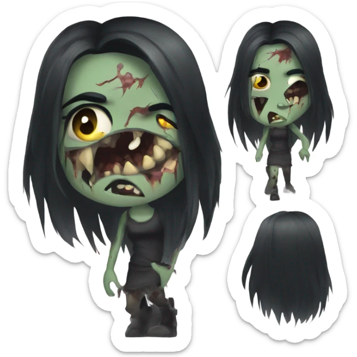 girl zombie with black long hair with teeth and serious face  sticker