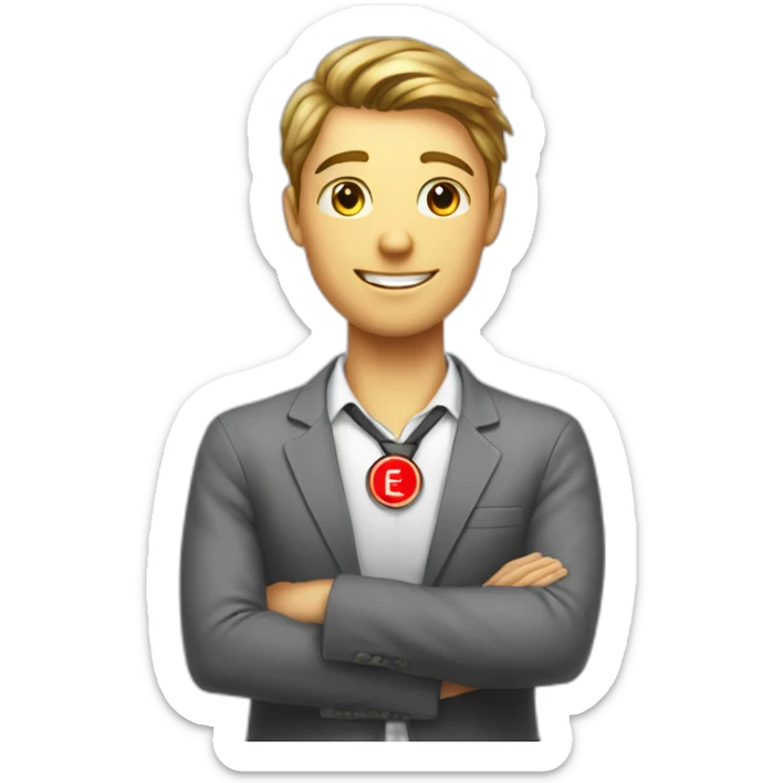 An employee of the real estate agency "Floors" with a red badge around his neck with the inscription etagi sticker