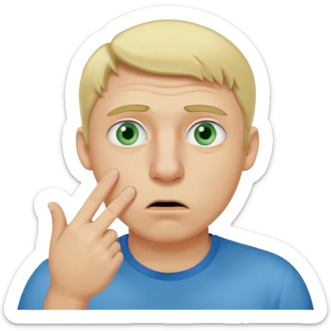 a emoji with two fingers in his nose, make him have a natural white skincolour and blonde hair, blue/green eyes, put the fingers in his nose, its a man and he needs two fingers IN his nose sticker