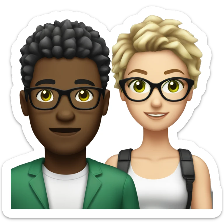 black male with spikey hair and glasses and white female with brown wavy hair , green eyes and glasses sticker