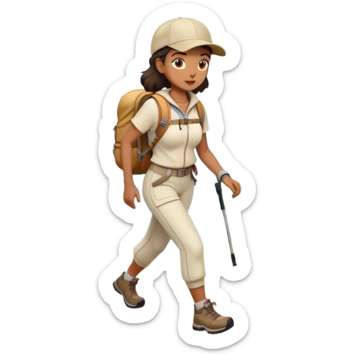 Full body woman hiking on mountain trail cream clothes baseball cap sticker