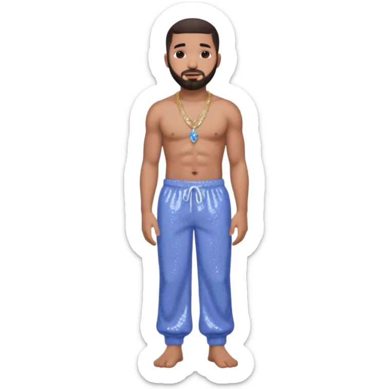Drake with dark brown hair, periwinkle sequin baggy pants, shirtless with necklace sticker