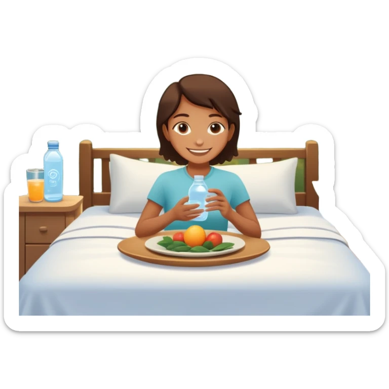 A person in the sun, with a plate of whole foods, water bottle, and glowing bed behind them. Nearby, smiling friends gather—symbolizing balance, healing, and connection through simple daily rituals. sticker