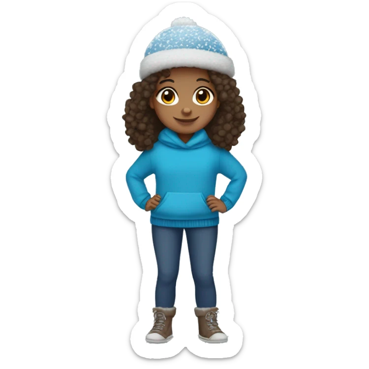 winter, christmas, hispanic, afro hair,  girl, brown eyes, child, full body, blue winter sweater, headband sticker