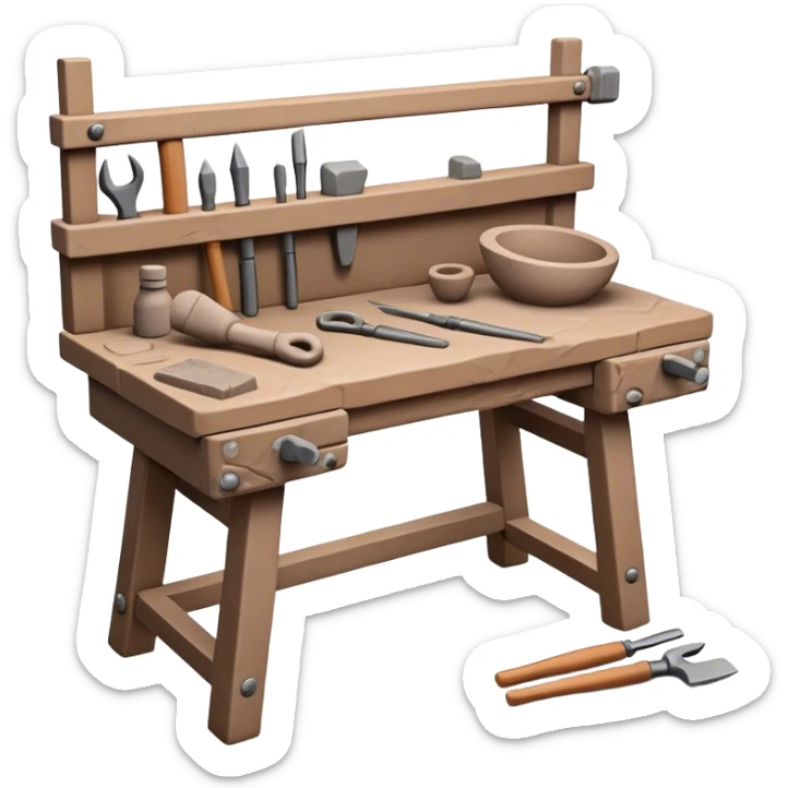 Cinematic Realistic image of a workbench set with a lump of pliable clay and artisanal sculpting tools, rendered with finely detailed textures that reveal subtle clay particles and well-worn tool surfaces, bathed in warm, focused studio lighting sticker