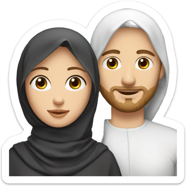 young white European guy with curly black hairs with her wife wear a hijab  sticker