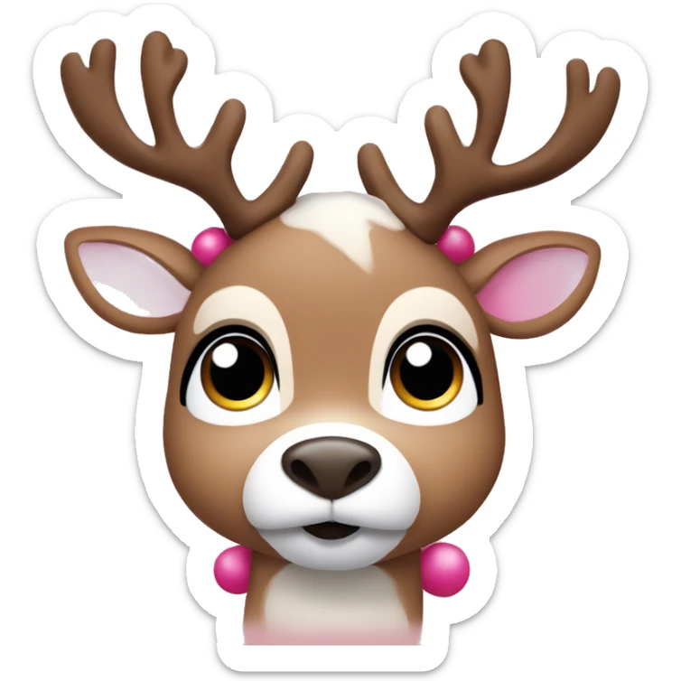 A cute  reindeer  with big brown eyes and long lashes with a pink Christmas Santa hat sticker