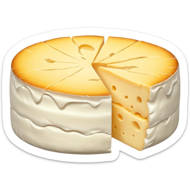 round Coulommiers cheese with soft white bloomy rind with gentle wrinkles, pale yellow creamy inside, clean slice cut showing gooey texture near rind, soft lighting, subtle shadows, transparent background, emoji scale sticker