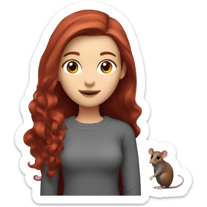 redhead girl with long hair and Dyson styling with grey eyes in a burgundy sweater and a rat on her shoulder sticker