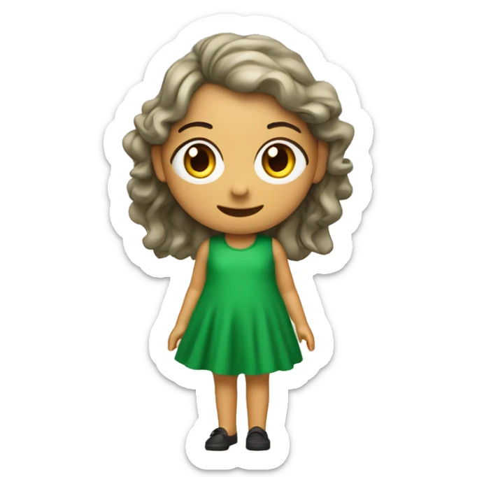 Crie uma ilustração 3D de um O personagem com vestido verde, cabelos pretos curtos e liso, pele clara, olhos levemente puxados. sticker