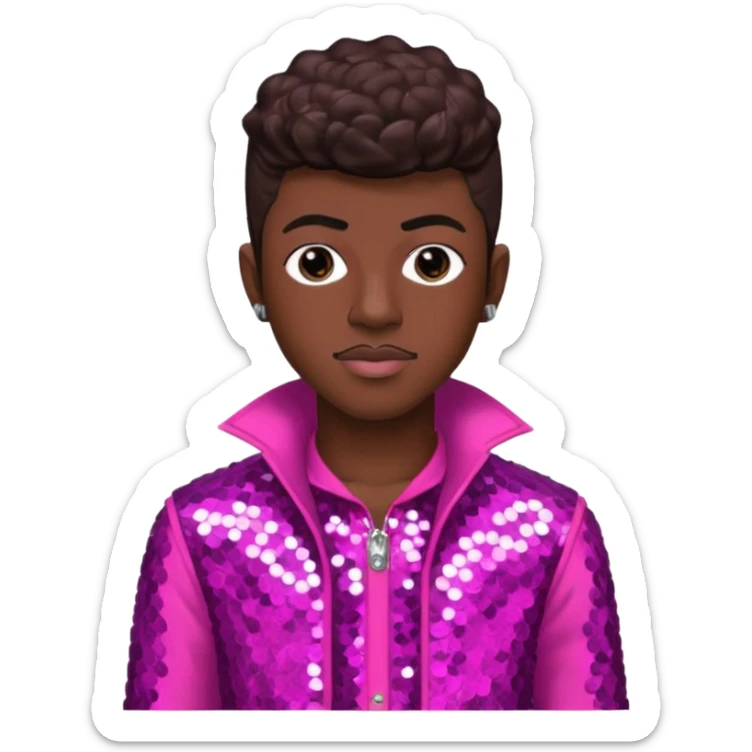Lil Nas X with dark brown hair, dark pink sequin outfit sticker