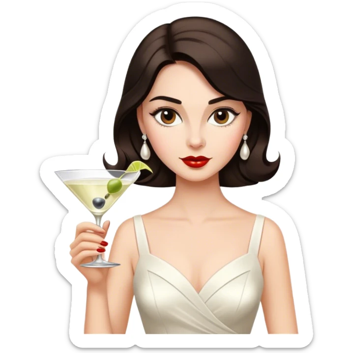 Beautiful woman in 1950’s woman fashion look, white dress, long dark brown hair, martini  sticker
