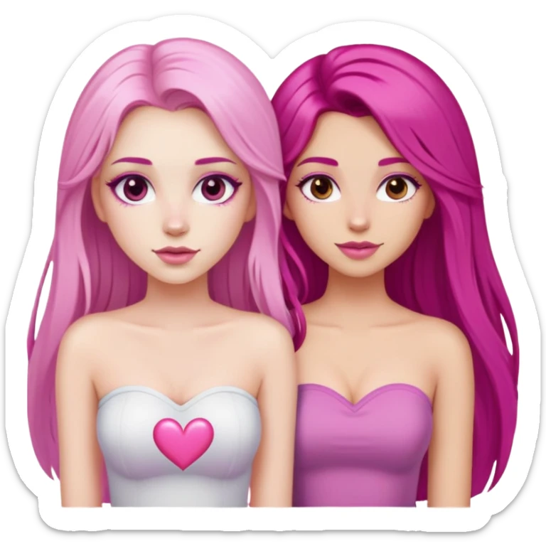 gorgeous pale girl with long magenta hair latina makeup next to a gorgeous girl with blonde hair brown eyes and a light pink heart above them both wearing tube tops sticker