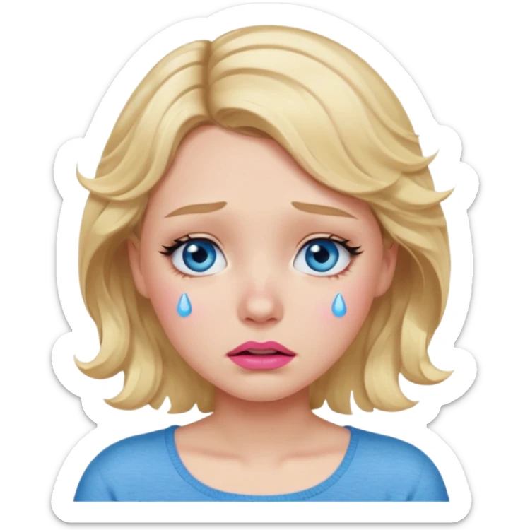 Girl Blonde short wavy hair,  blue eyes, cute blue top, long lashes, pink lips,crying with tears running down the face  sticker