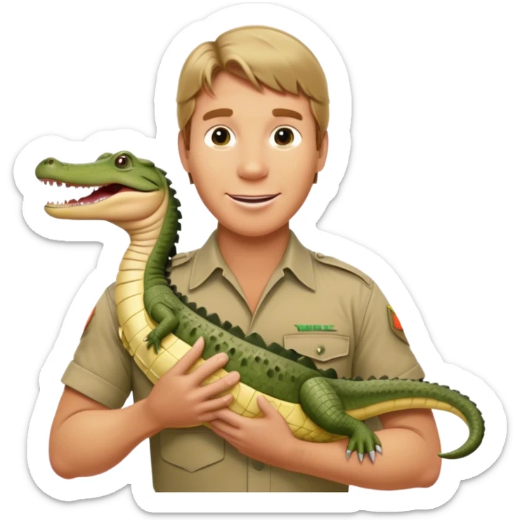 Cinematic Realistic Steve Irwin Portrait Emoji, in his signature khaki attire, holding a crocodile or giving an excited thumbs-up. The scene is lit with vibrant, natural sunlight, emphasizing his adventurous spirit and deep connection to nature. sticker