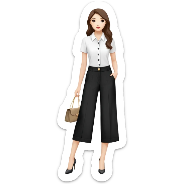 tailored palazzo pants for petite women, moderate wide leg, formal dress pants with button closure, shorter length, elegant office wear, only the garment on white background sticker