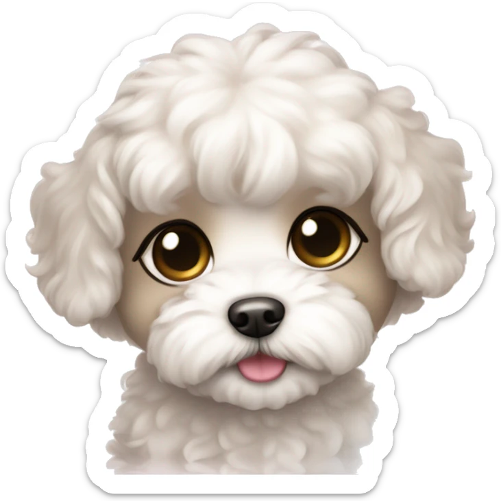 A white Shih-Poo puppy in a chibi style with big eyes and a cute smile, with pink hearts around her. sticker