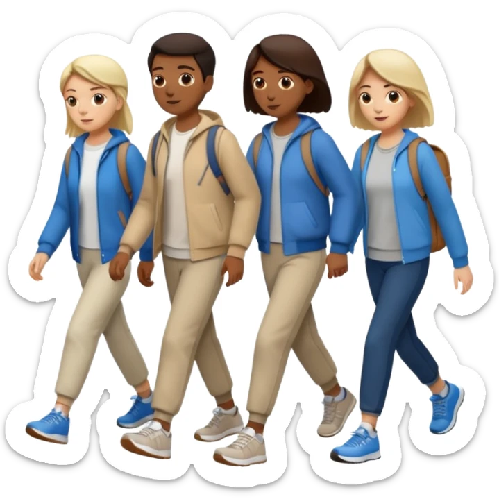 iOS emoji style - a men and 2 women in casual clothes and wearing trainers. Walking in the same direction quickly together. 
Not holding hands. No backpacks. 
 sticker