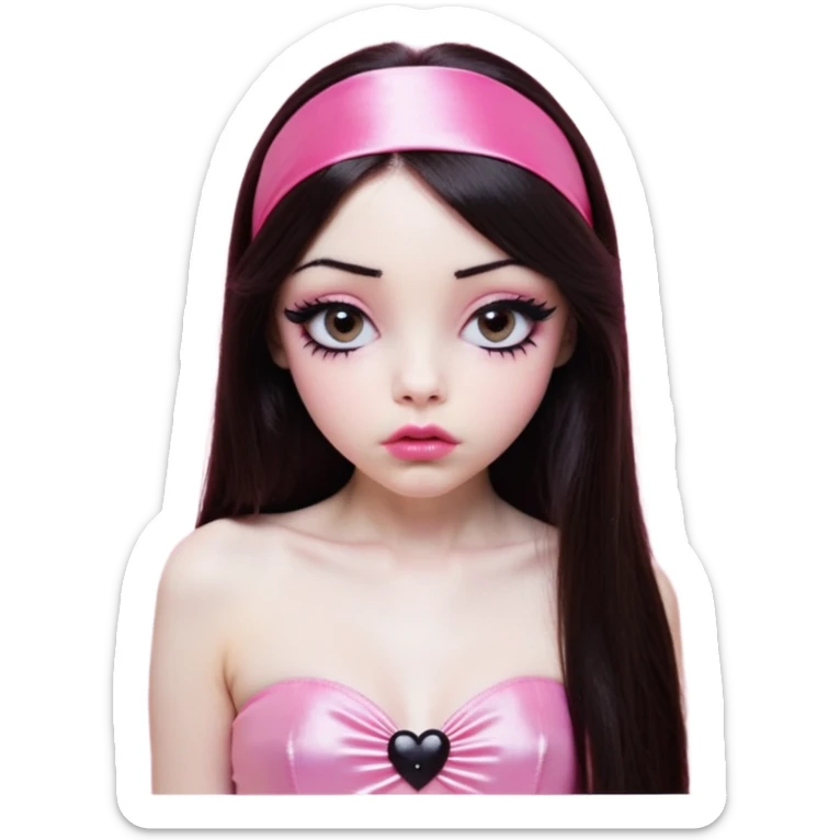 girl with white skin, dark brown long straight hair falling in front of her body, very big pouty extra shiny lips with absolutely no cupid's bow, shiny large eyes with black eyeballs and long eyelashes, lighter button nose, very long oval-shaped face, wearing a pink bandeau top with straight neckline, looking directly at camera with hands down at sides sticker