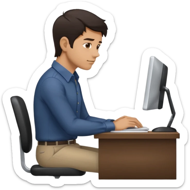  iOS emoji style - Side profile full body of a man sitting at a desk with very poor posture. He has dark hair and wearing a collared-shirt.   sticker