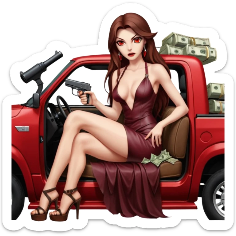 Lilith red eye seductress evil long brown haired sexy succubus woman with leather long dress with slit on, sitting in Big Large F350 pickup truck. Back seat full of stacks of cash, she is  Holding a human skull of her enemies and a gun in other hand sticker