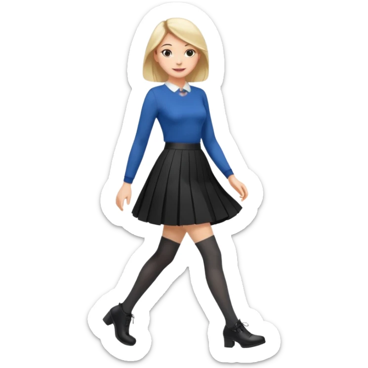 a fashionable gen Z woman, walking confidently with a skirt and stylish tights sticker