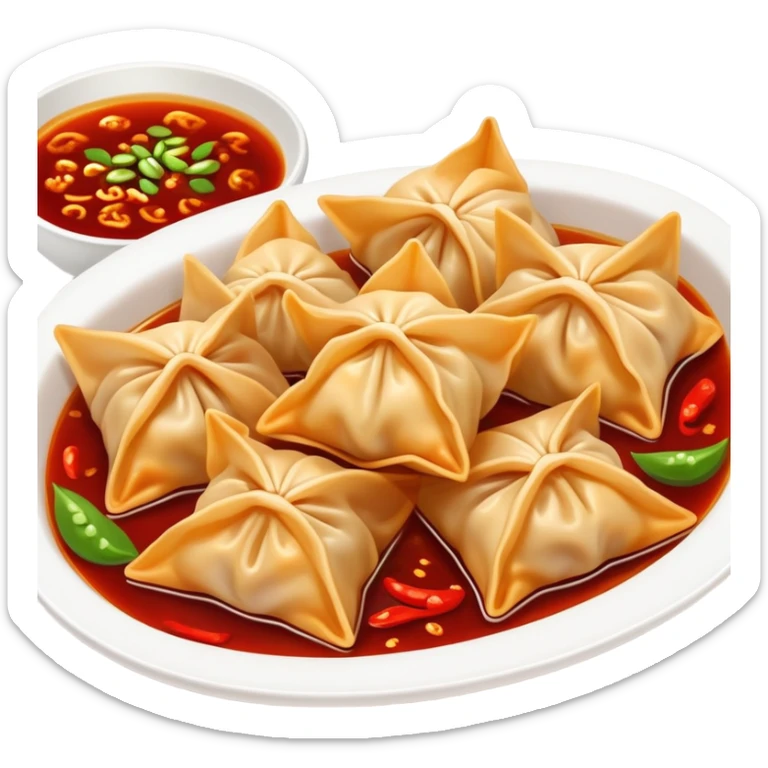 Sichuan spicy wontons in chili oil sauce, simplified emoji style with bold outlines and bright colors, cartoon style red Chinese dumplings Hongyan Chaoshou sticker