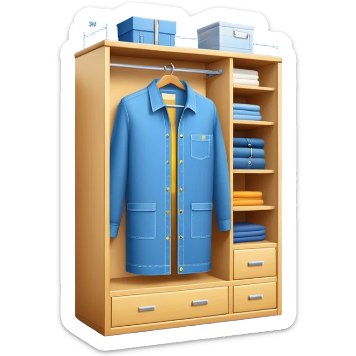 Professional emoji for Furniture Design: a close-up of a 3D wardrobe on top of a blueprint, with a measuring tape beside it. The icon should represent the detailed design and measurement process in furniture design. Transparent background. sticker