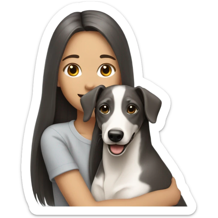 Girl long dark straight hair smiling with grey and white  a whippet puppy around her shoulders  sticker