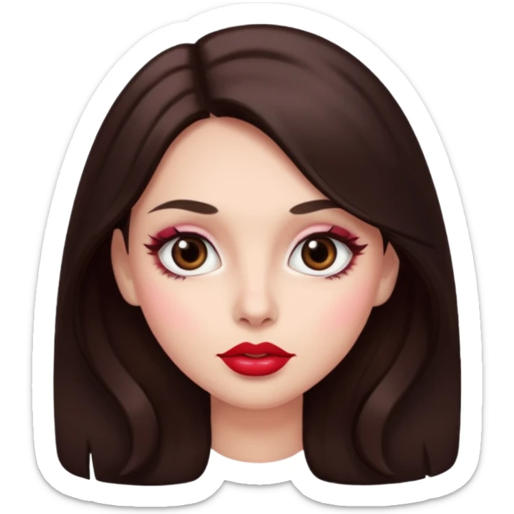 An featuring a woman with dark brown long hair, brown big eyes, light pinkish skin, red cheeks,  sticker