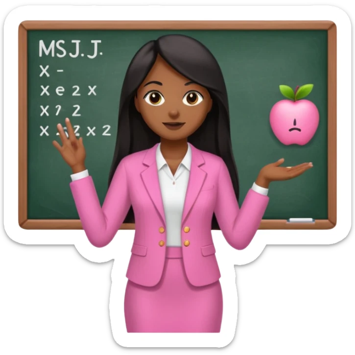 a brown skin teacher with hair with black straight long hair wearing pink not hot pink 2 piece set teaching up on a board the board says Ms. J sticker
