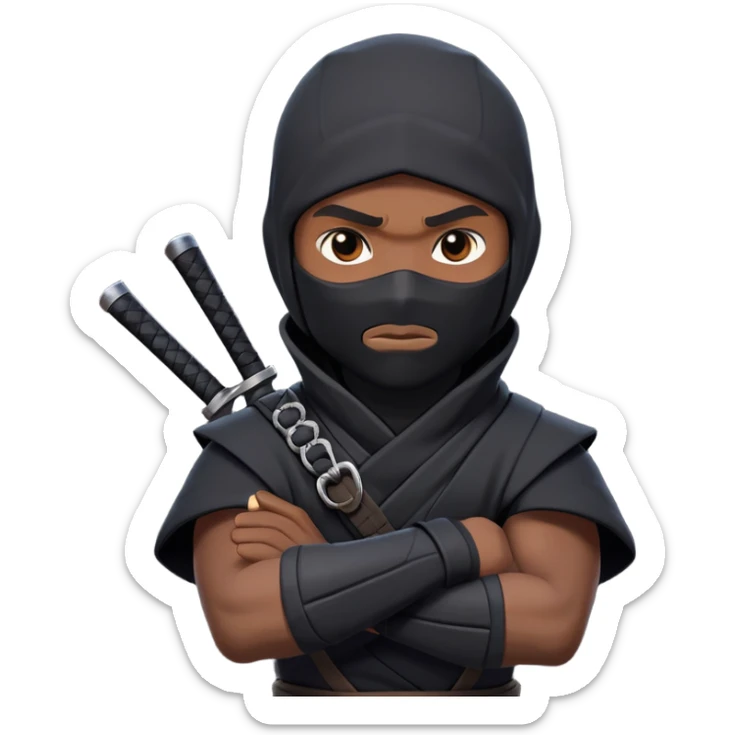 clash-of-clans-aesthetic_-cinematic-mysterious-male-ninja-portrait-emoji, rendered in a flat, vector-style with minimal shading and bold, simplified shapes, his arm is stretched out  with a head slightly turned revealing intense, focused eyes. the ninja has his arm out and perched on top of his forearm is  a black crow sticker