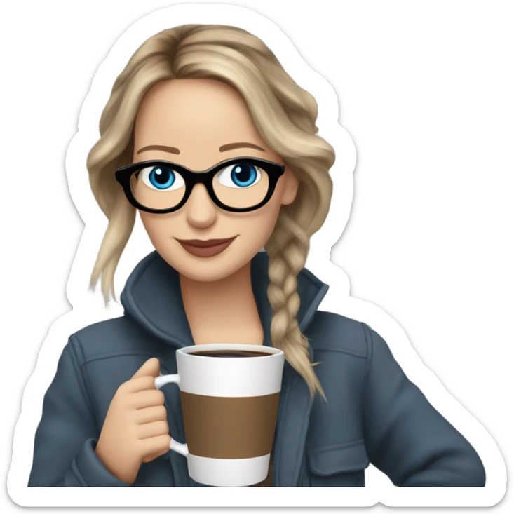 Photo of Brunette Jennifer Lawrence wearing black glasses and blue eyes drinking hot coffee  sticker