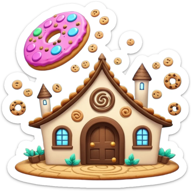 Exterior of a magical cookie factory with swirling portal above the roof, cookies flying in from different dimensions, glowing runes and enchanted pipes spiraling around the building, emoji-style sticker