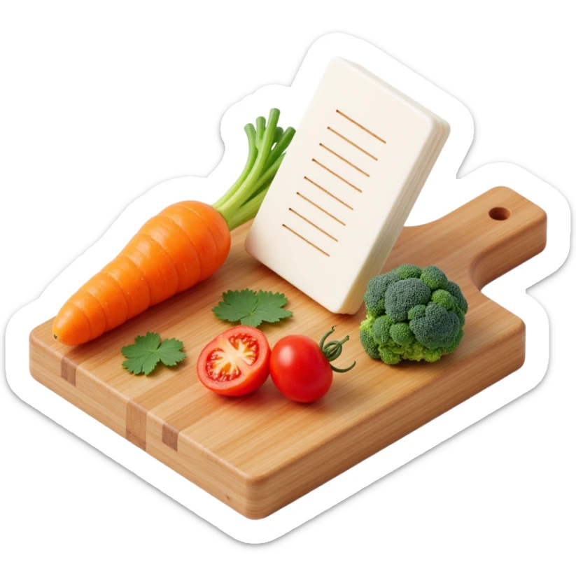carrot tomato brocoli on the wooden cutting board with floating list  sticker