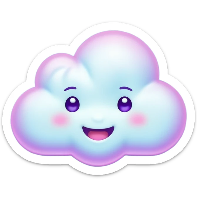 A tiny kawaii cloud emoji with a cheeky smile and wink, soft neon glow in purple/cyan, little sparkles floating, playful delulu vibe. sticker