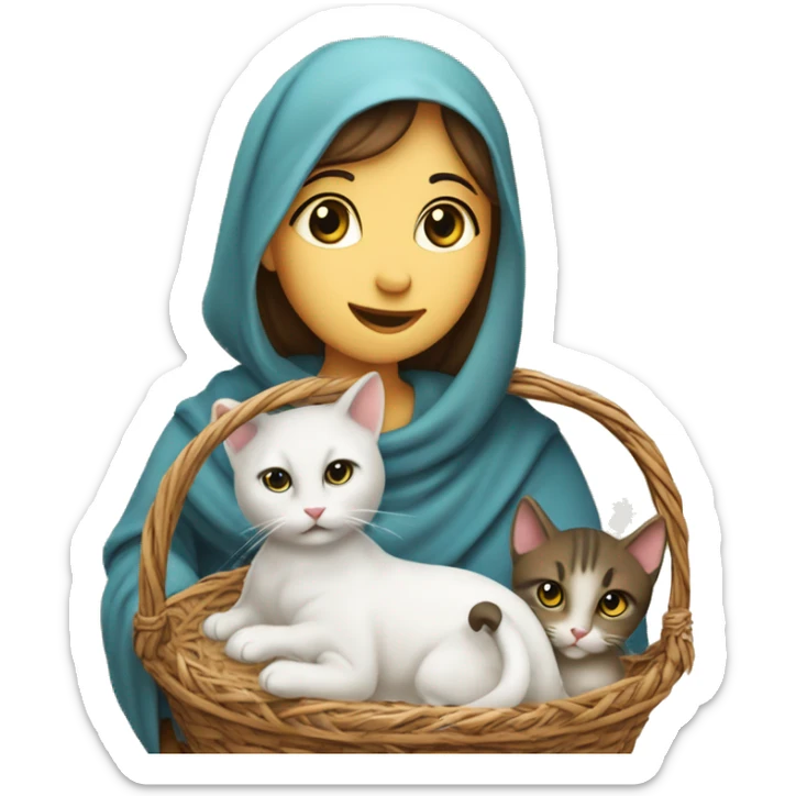 Christmas nativity scene NO humans with a star of Bethlehem and 1 mother cat and 5 kittens in a basket sticker