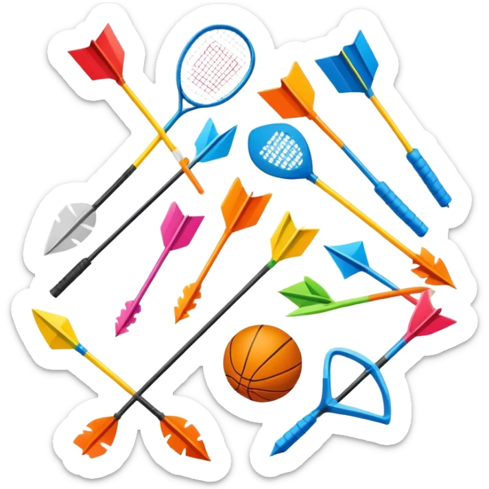 A collection of colorful sports equipment with dynamic growth arrows sticker