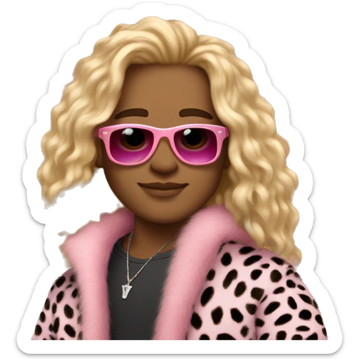1boy, wild blonde long hair, cheetah print fluffy coat, pink sunglasses, tan skin sticker