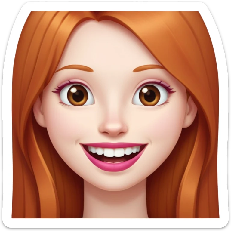 Young girl with pale skin, very long face, full pink lips smiling with big teeth, very long straight auburn hair (lighter ginger, not intense red), big brown eyes, big nose, big mouth sticker