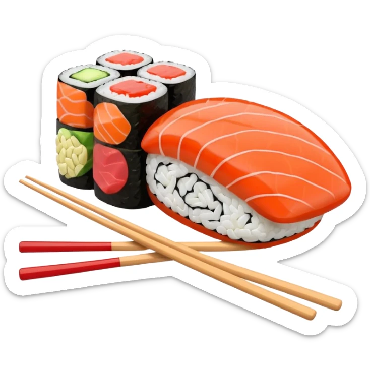 Japanese cuisine humanless avatar in minimalist emoji-style illustration. Sushi, roll and 2 chopsticks, clean lines, red white colors, flat design, calm and modern. sticker